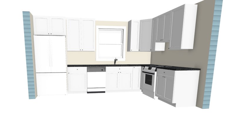 3D render of a planned Oahu kitchen with white and grey shaker cabinets