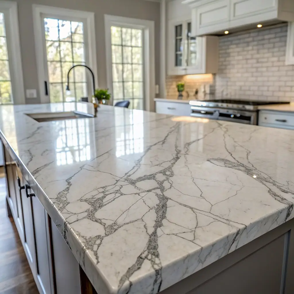 Close-up of veined quartz slab surface and finish